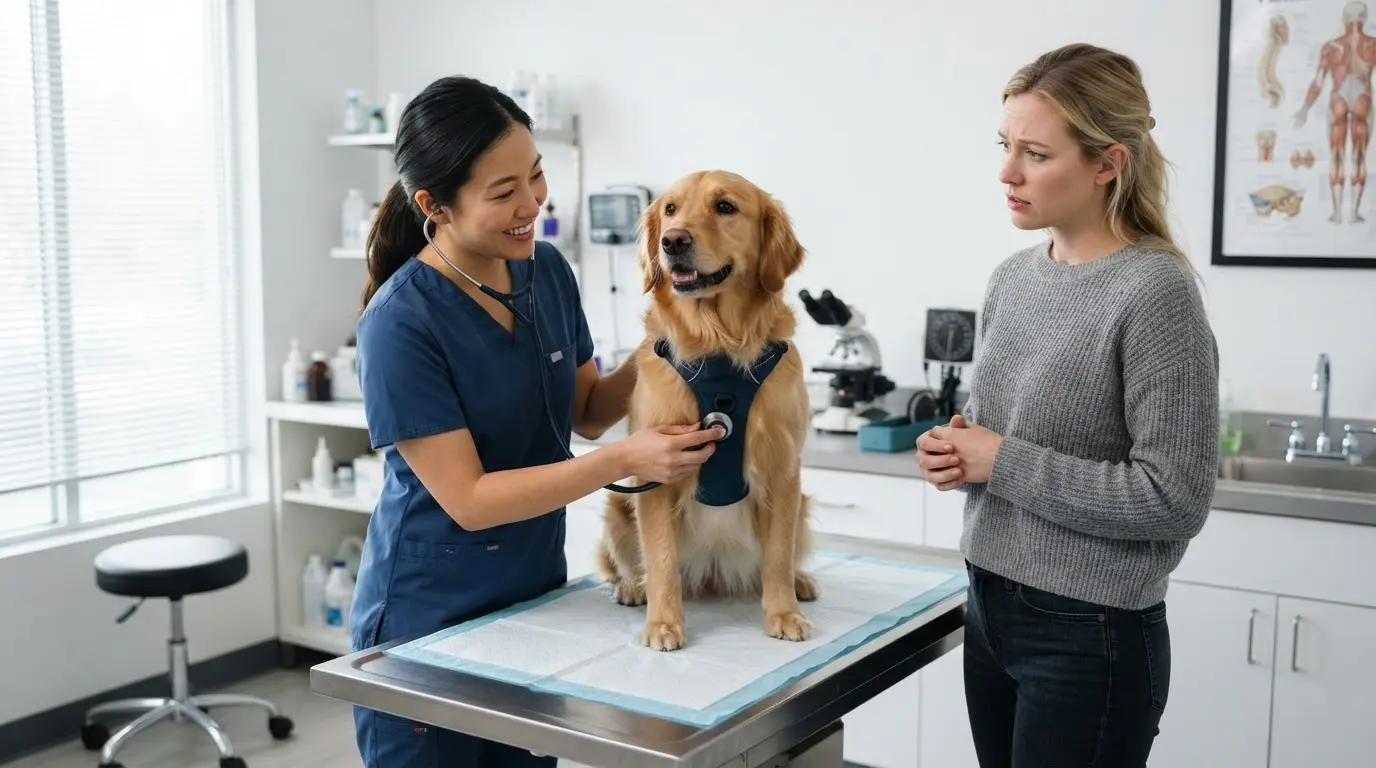veterinarian discussing possible benadryl side effects with dog owner during routine health examination