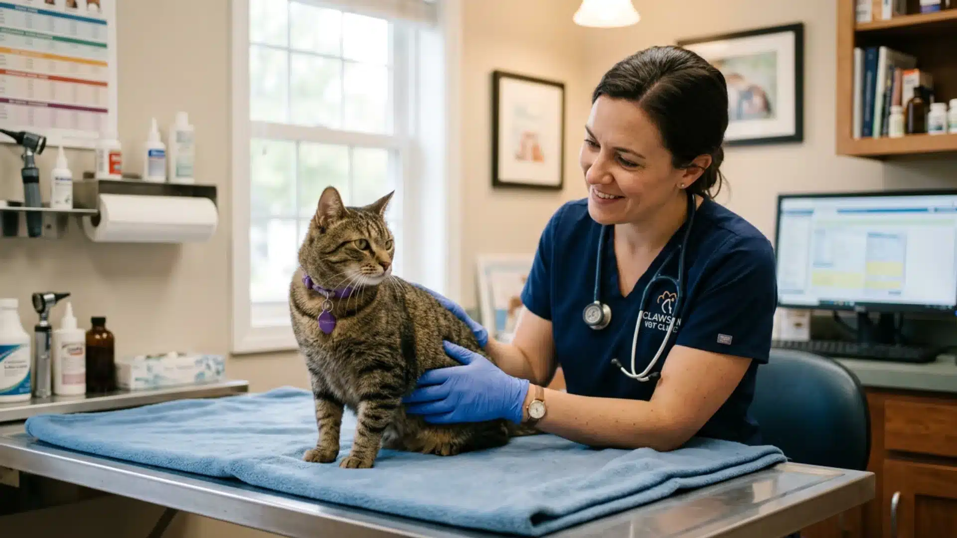 Veterinarian examining a calm cat during a checkup