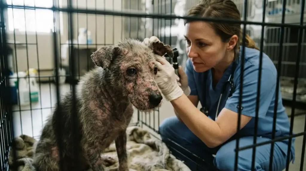 veterinarian examining a dog with severe mange showing widespread hair loss inflamed skin and crusted lesions in clinic