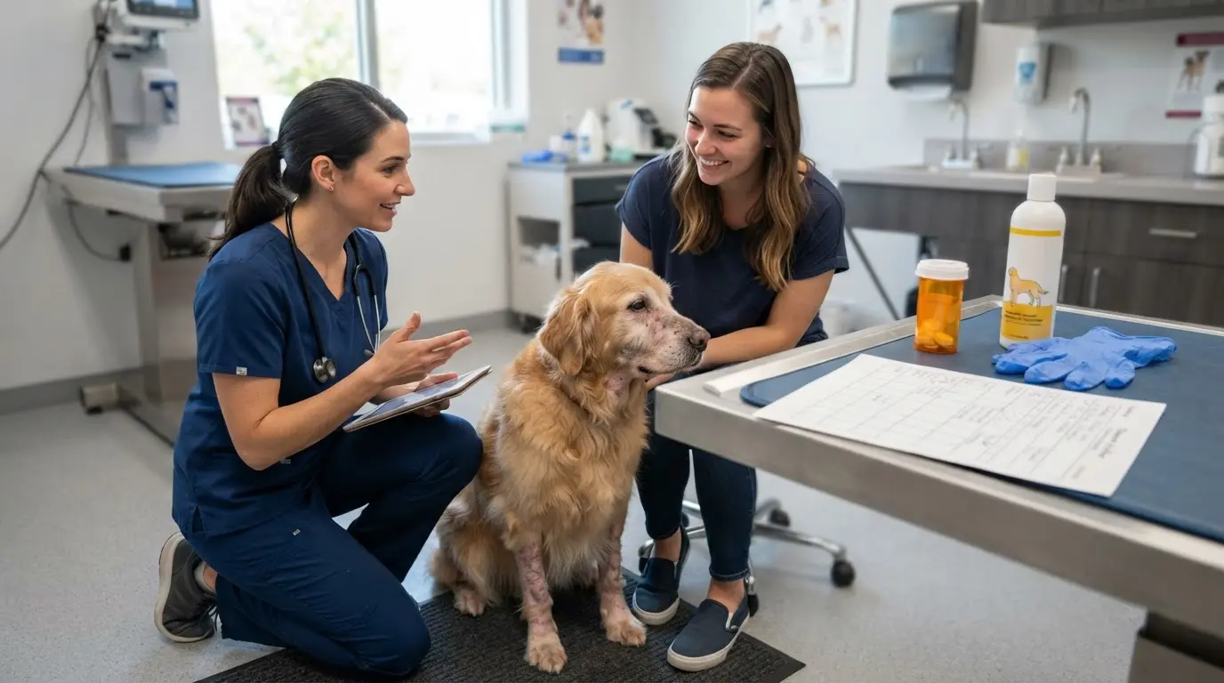 veterinarian explaining a mange treatment plan beside a dog with improving skin and patchy hair loss