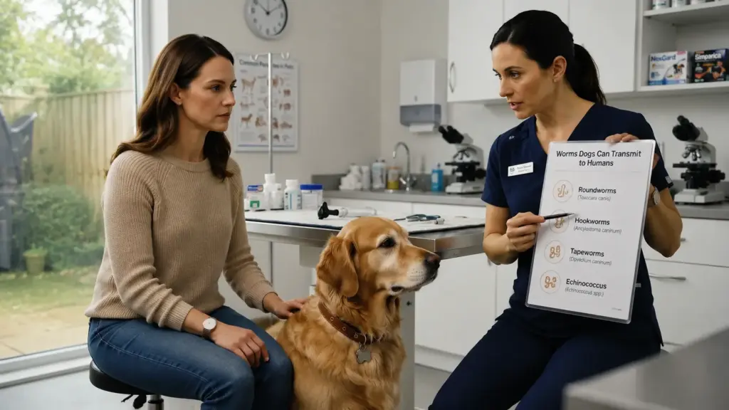 veterinarian explaining dog worms that can spread to humans during pet health consultation in clinic
