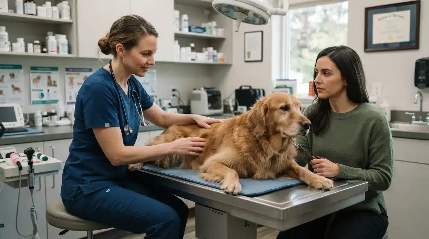 veterinarian helping evaluate dog behavior changes and growling concerns