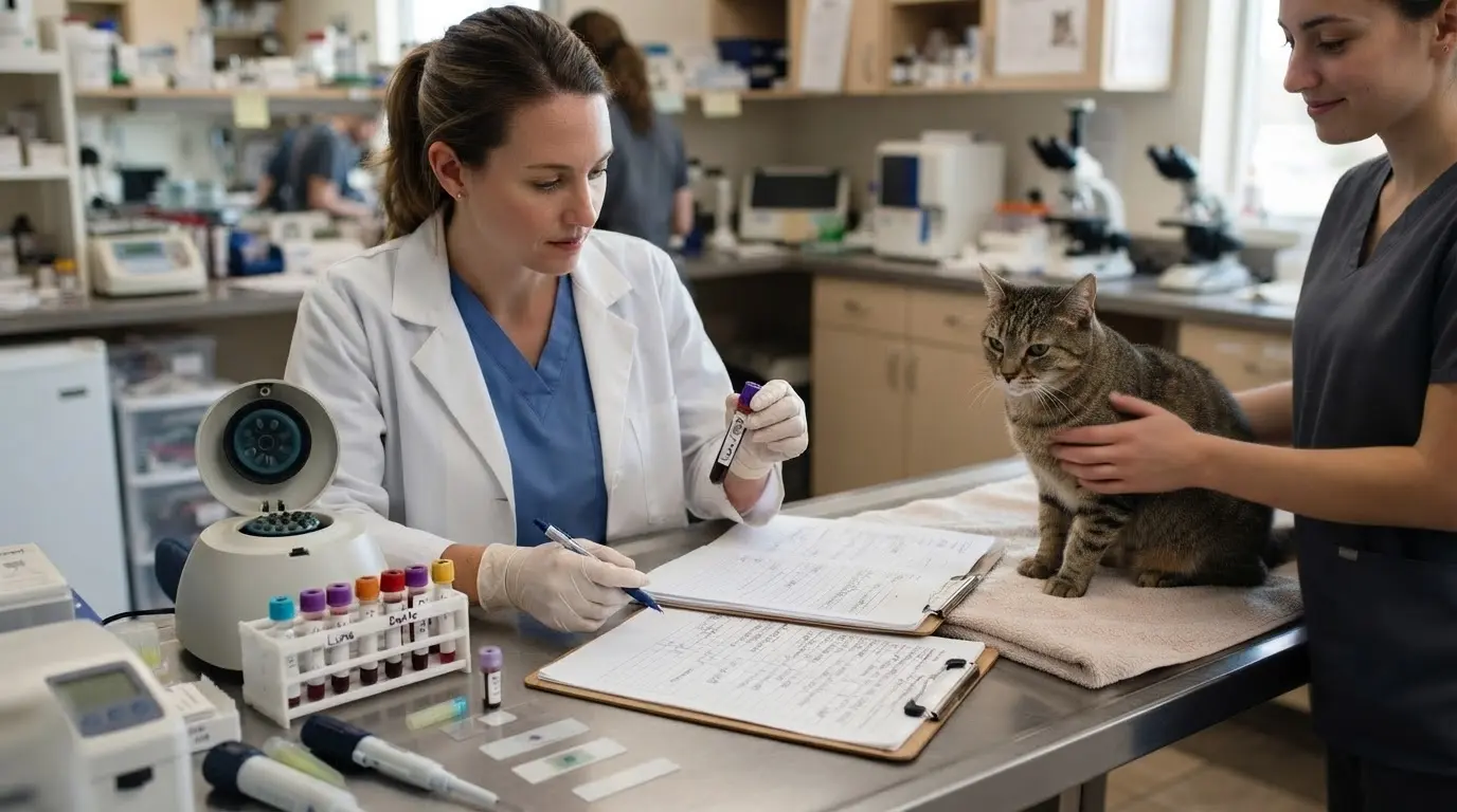 veterinarian testing cat blood sample for feline leukemia virus diagnosis while one women holdin the cat