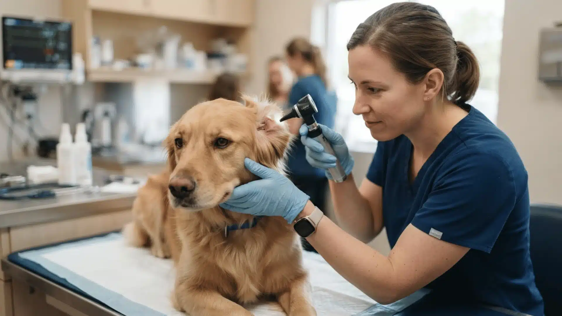 Veterinarian checking a dog’s ear with otoscope during a clinic examination