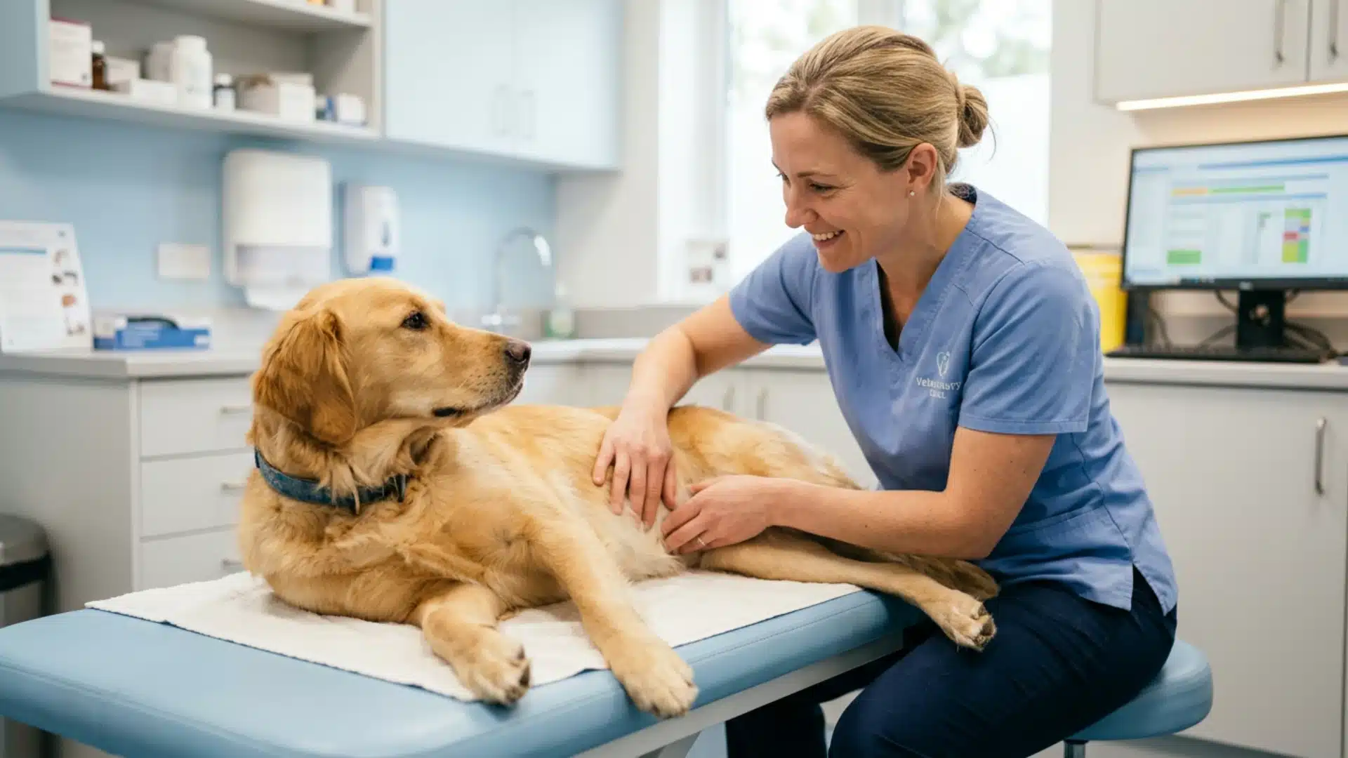 Veterinarian examining a dog's abdomen to check for bladder stones