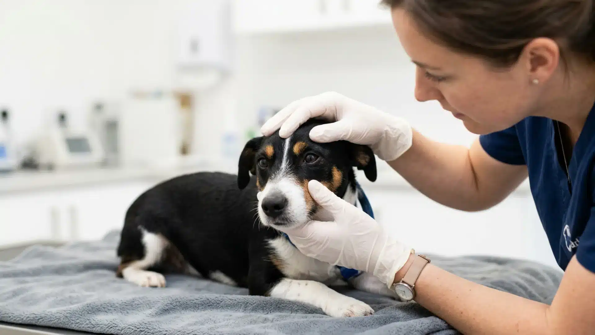 Veterinarian examining a dog's eyes during a routine eye check