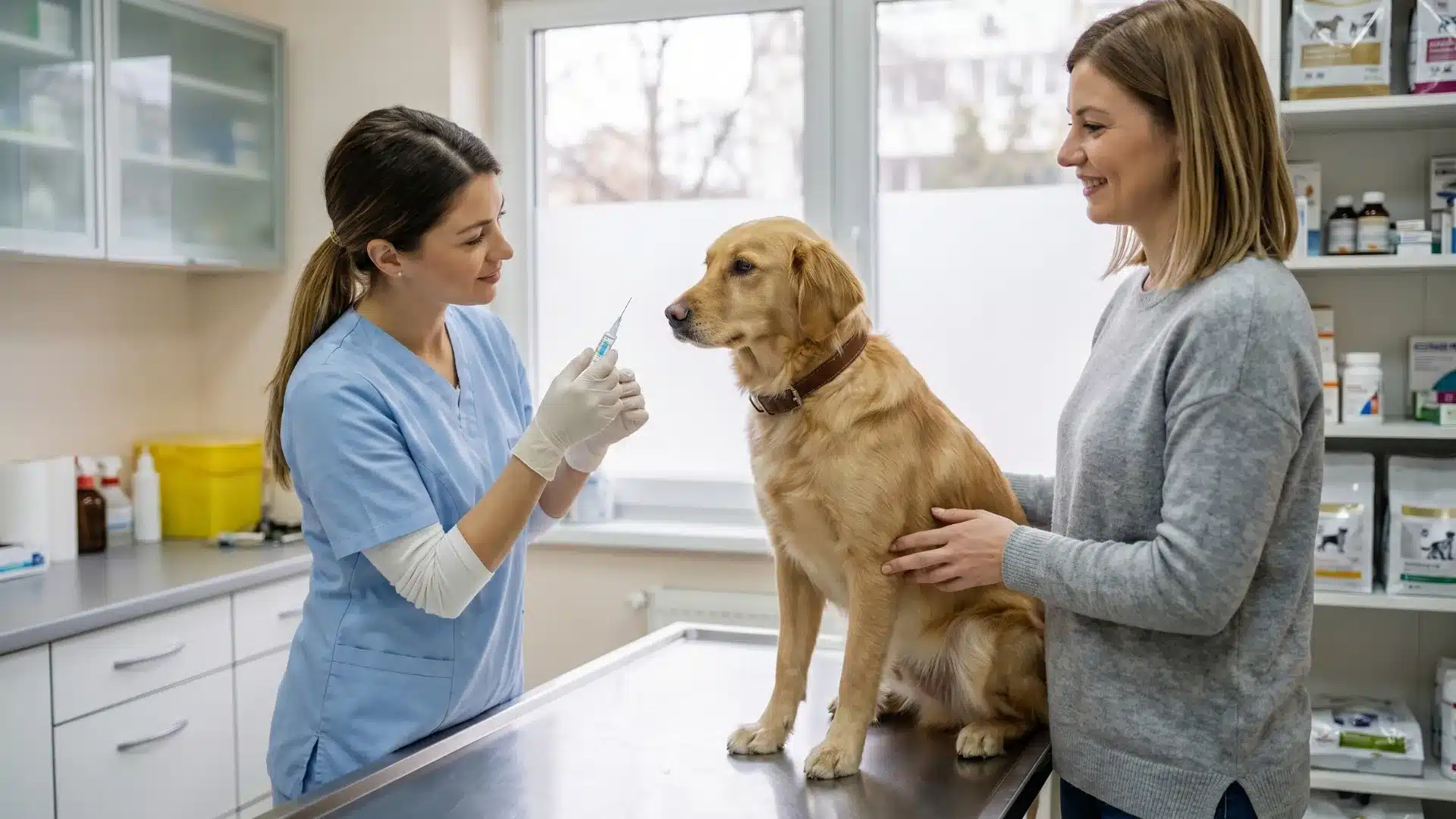 Veterinarian giving a dog the Bordetella vaccine to prevent kennel cough