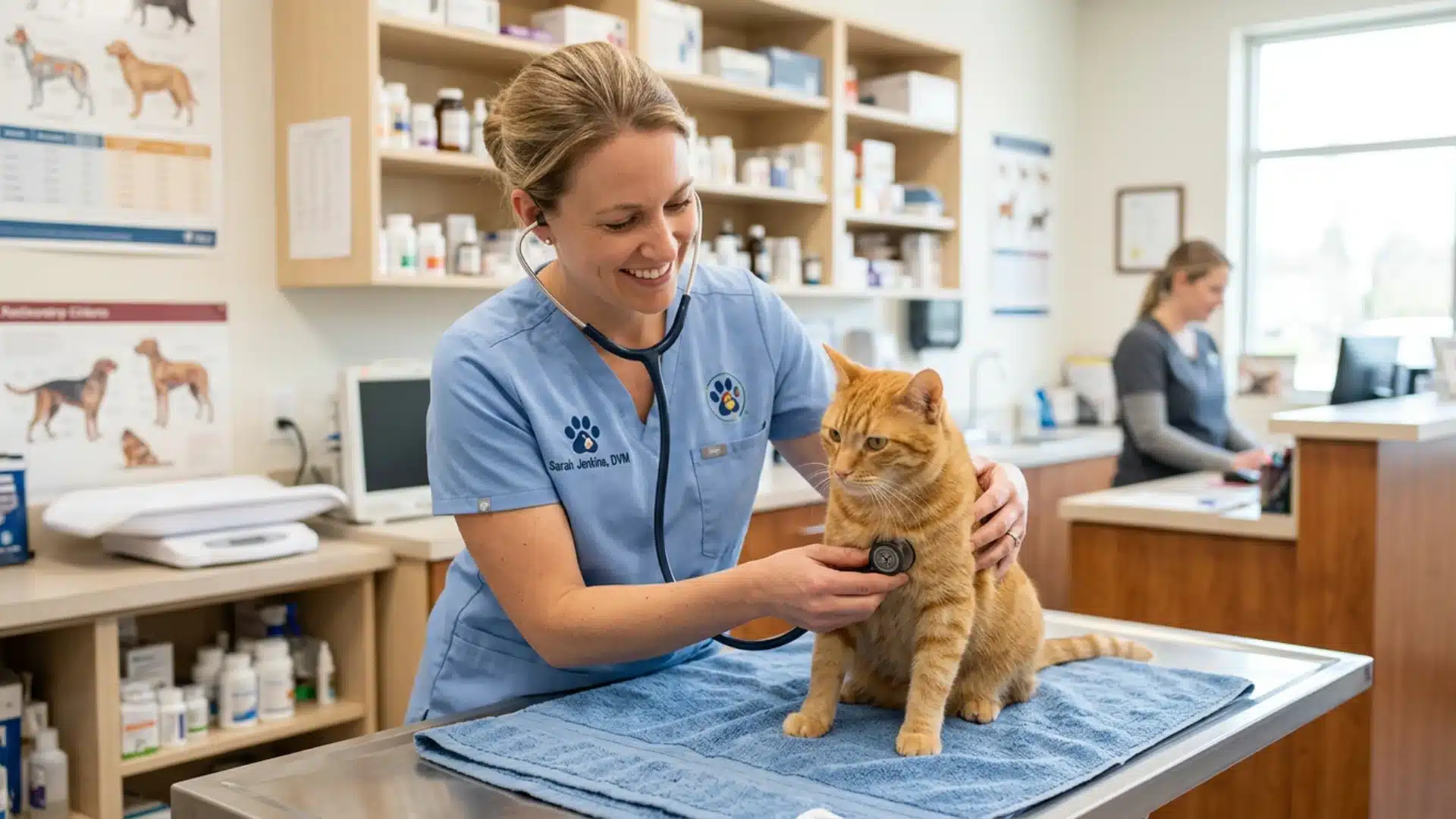 Veterinarian listening to a cat's chest with a stethoscope during exam