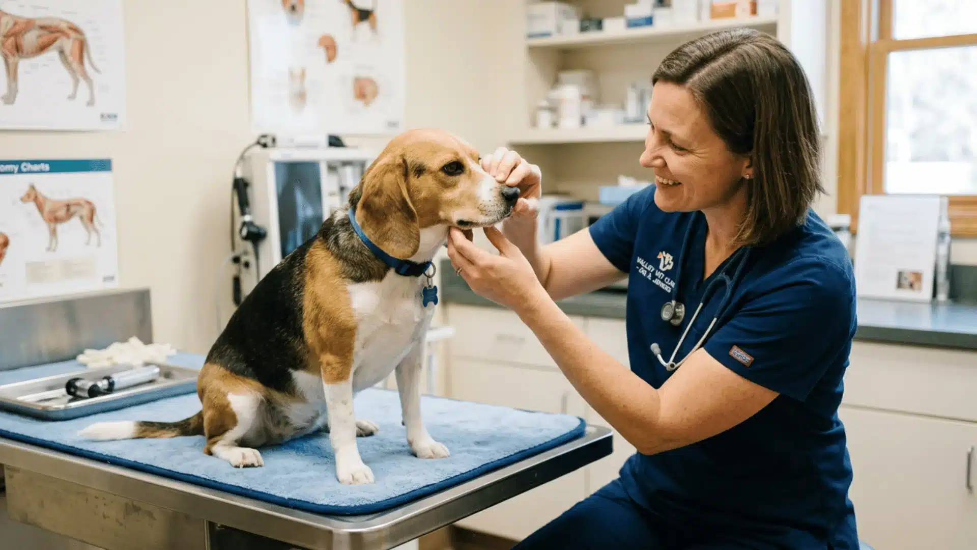 Vet examining a dog's nose during a checkup for sneezing symptoms