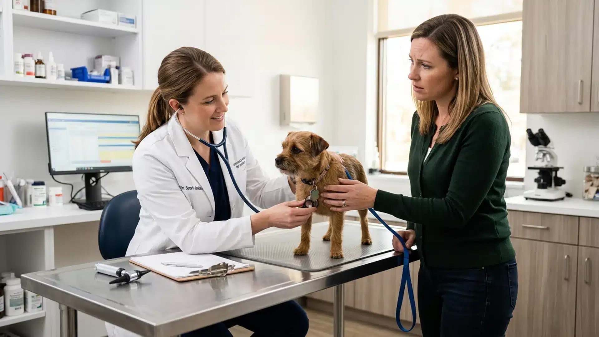 Vet examining dog after almond ingestion — signs of pancreatitis in dogs