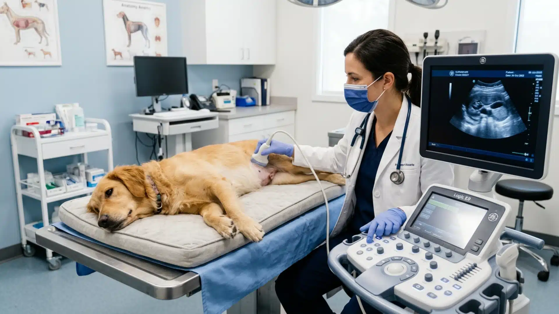 Vet performing an abdominal ultrasound on a calm dog lying on an exam table