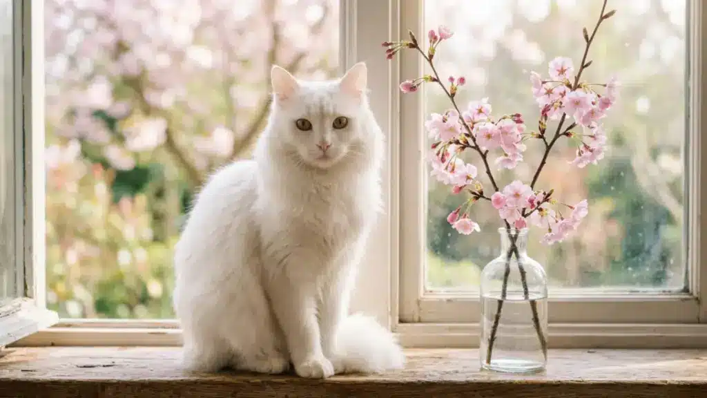 White cat beside a sakura branch on a windowsill, representing elegant Japanese female cat names