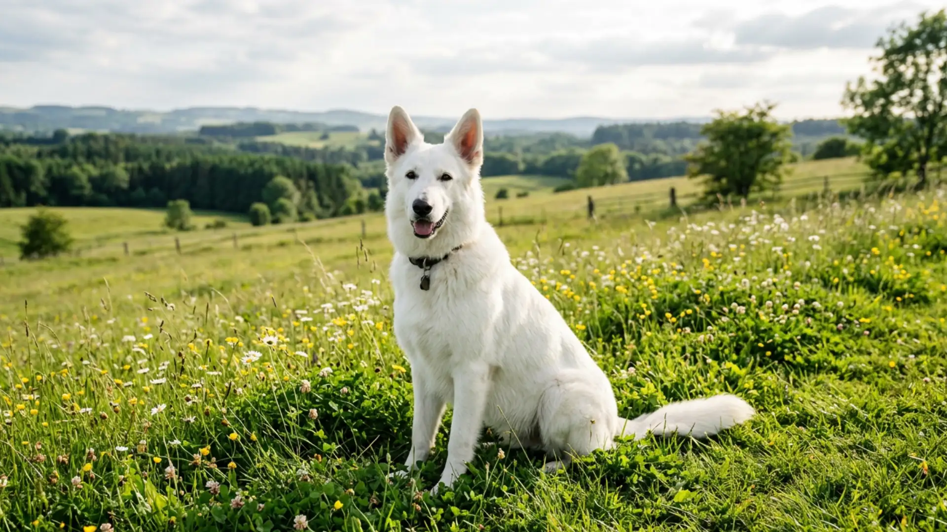 White German Shepherd sitting in a grassy meadow