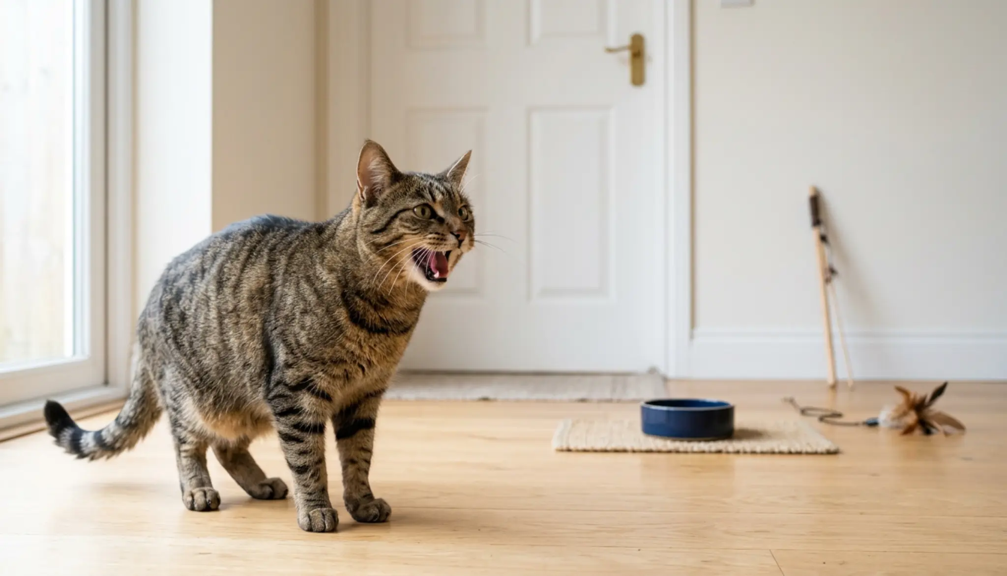 why do cats meow, vocal cat beside a food bowl toy and closed door in a bright home setting