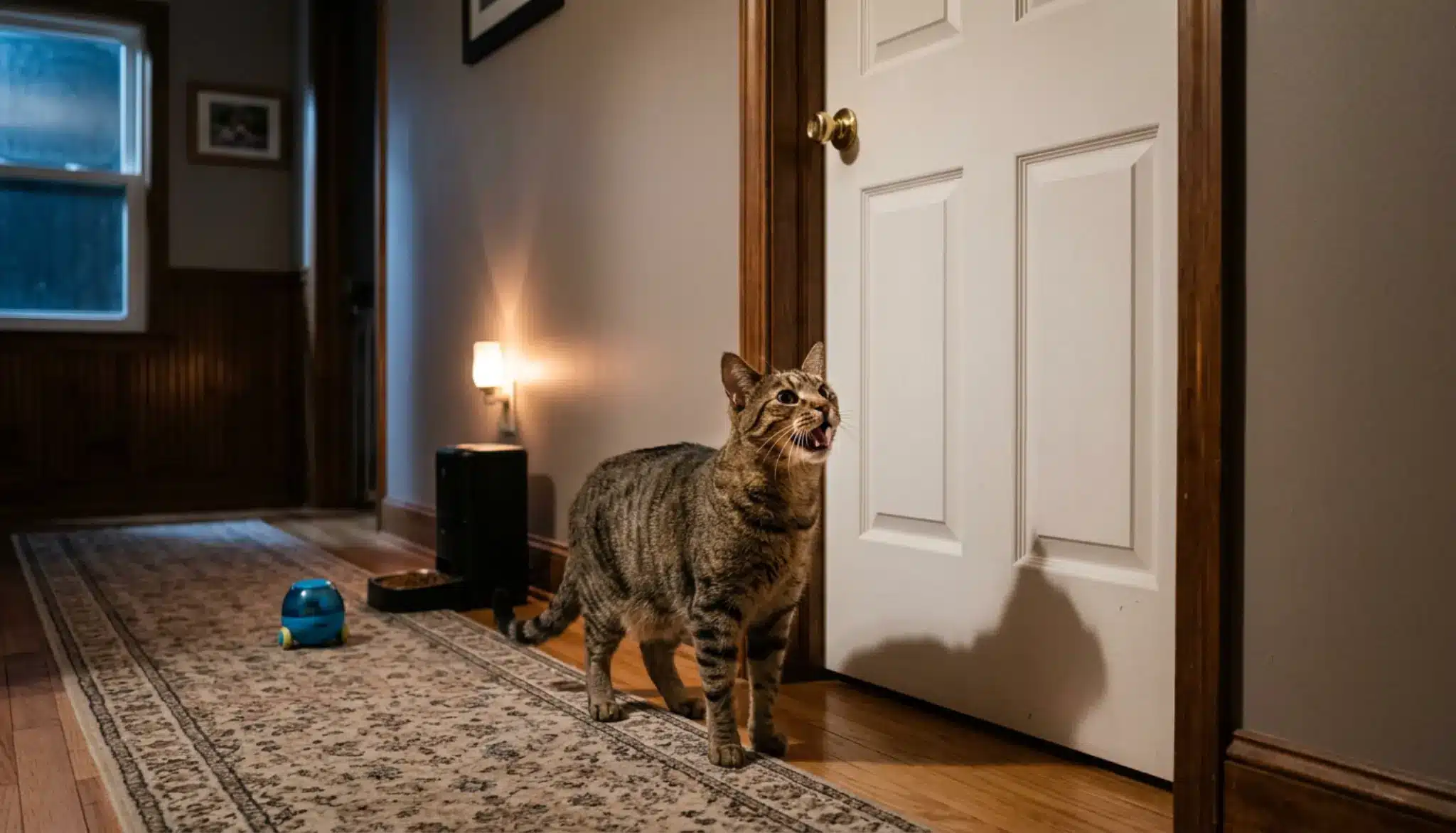 why does my cat meow at night, alert cat calling near a bedroom door under soft moonlight