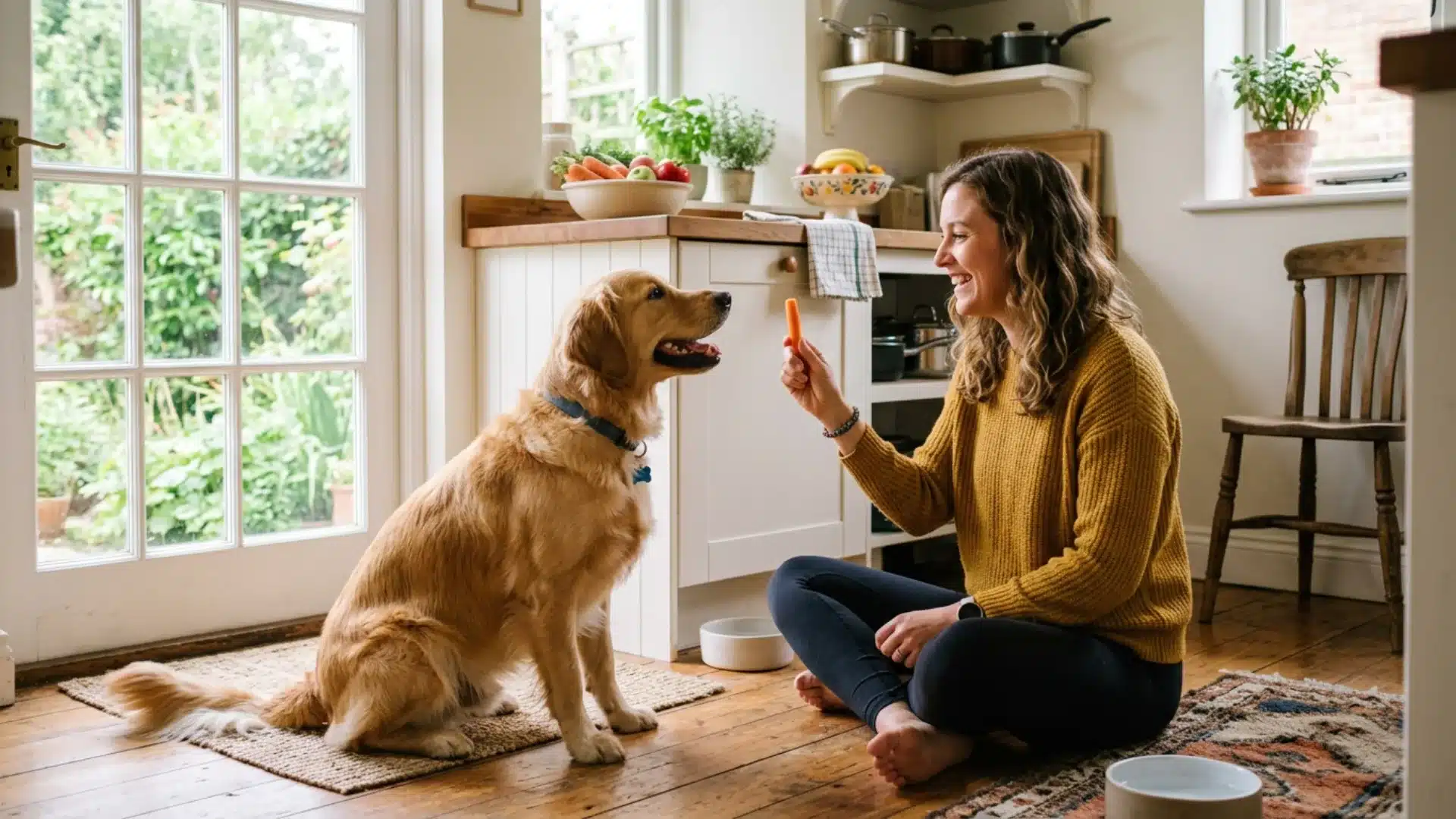 Woman offering carrot stick to golden retriever as a safe dog treat alternative