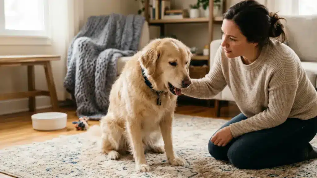 Worried owner comforting dog showing signs of kennel cough at home