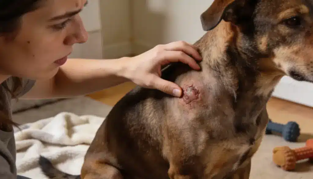 a concerned owner looking at the tumor formed in the neck of her the dog