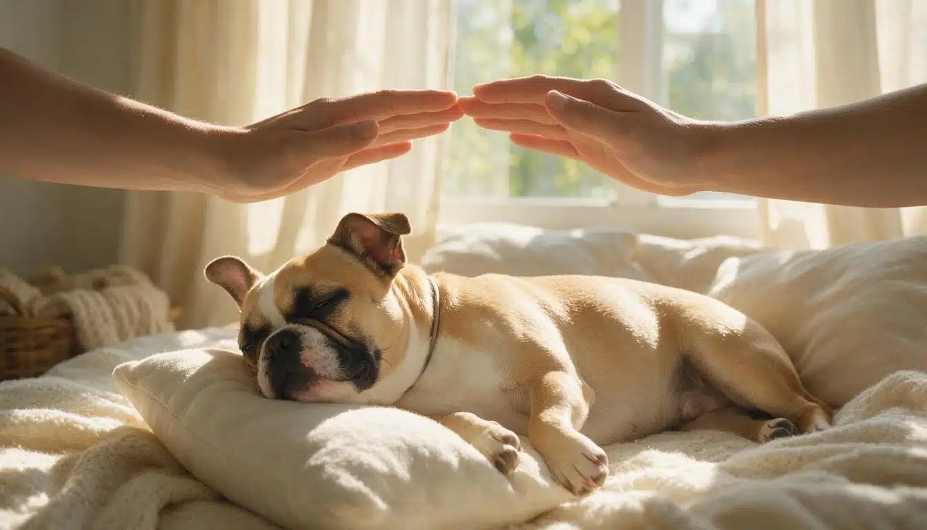 a french bulldog naps peacefully while two hands form a protective arch above it