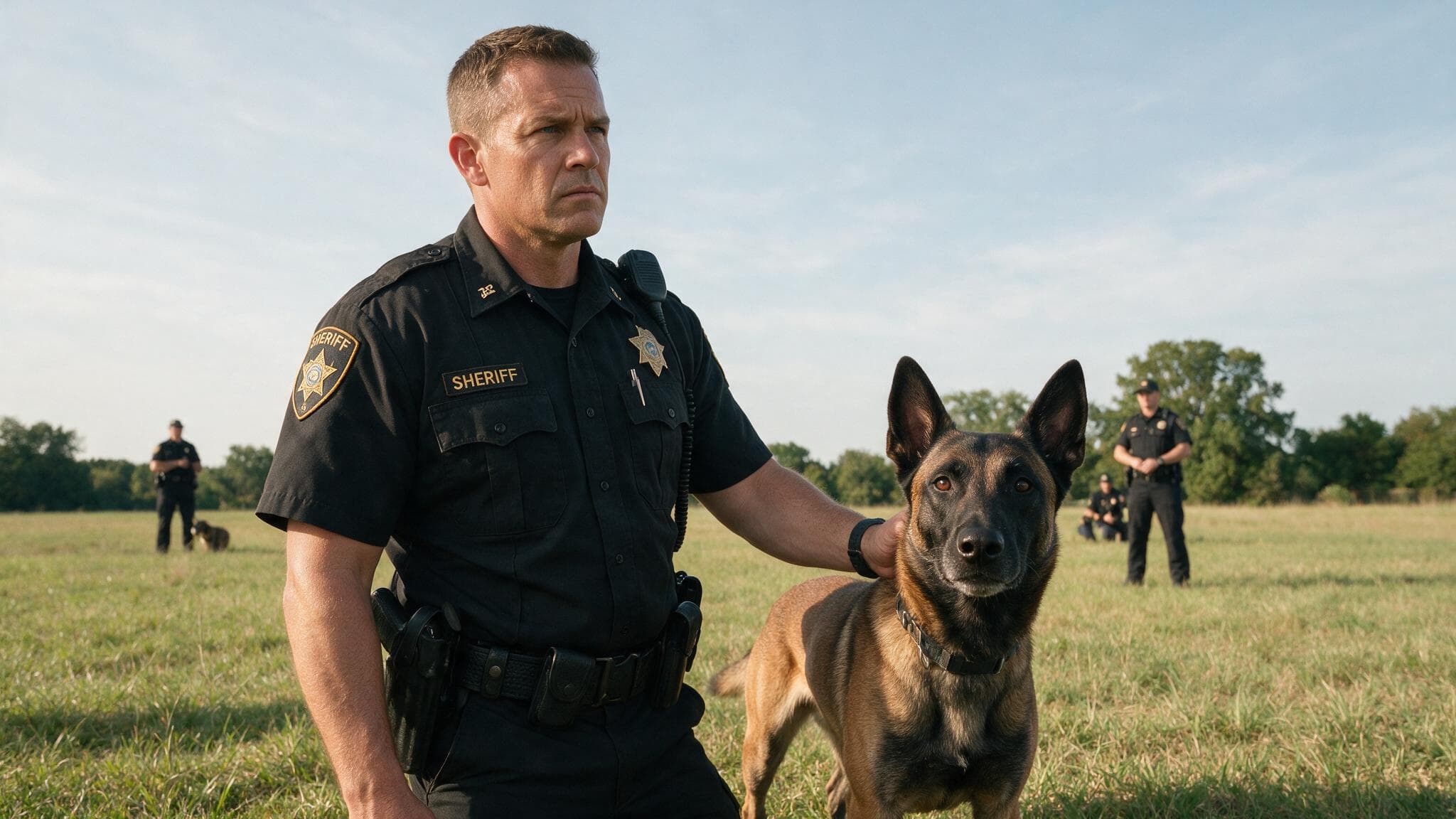 a german shepherd getting reading for his training along with his sheriff in a field setting