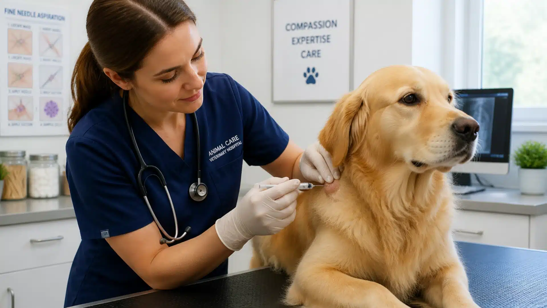 a healthcare specialist performing FNA for diagnosis of a tumor in a dog