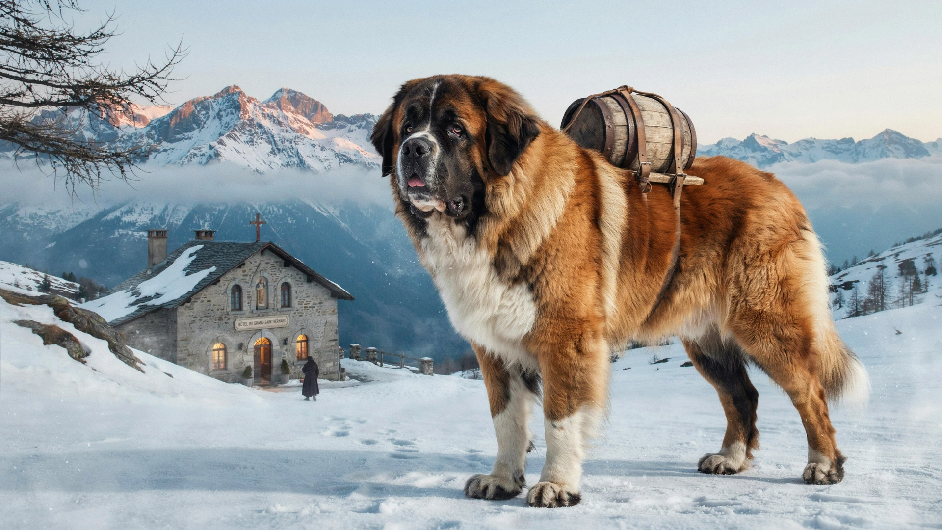 A majestic Saint Bernard rescue dog standing near the Great St Bernard Pass in Switzerland, massive body, thick white and brown coat with black facial markings, calm gentle eyes, snowy Alpine landscape, old stone mountain hospice in background, historical rescue atmosphere, realistic documentary photography, detailed fur and natural winter lighting