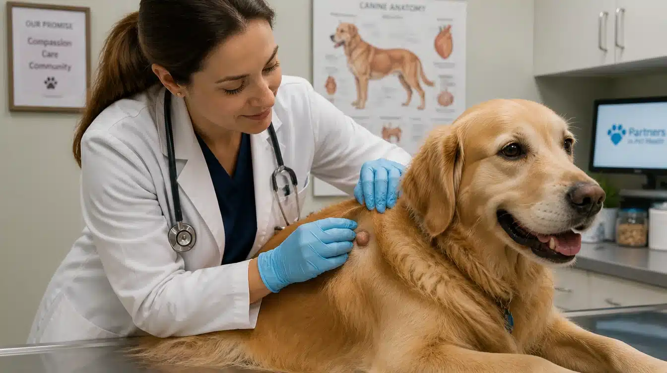 a pathologist examining a tumor in a dog, dog sitting on a desk with a visible tumor
