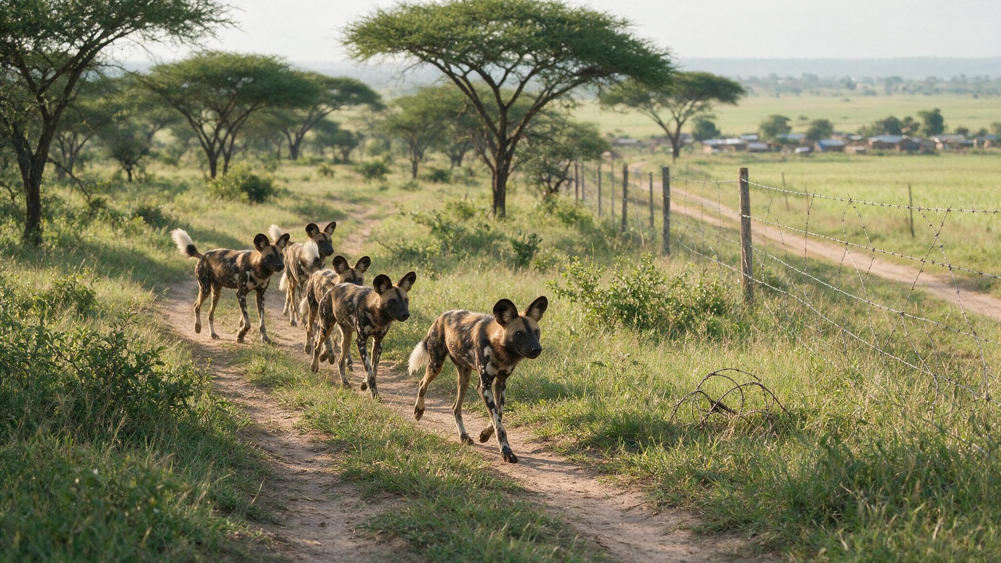 african wild dog pack crossing fragmented savanna near a fence, road, farmland, and concealed wire snare
