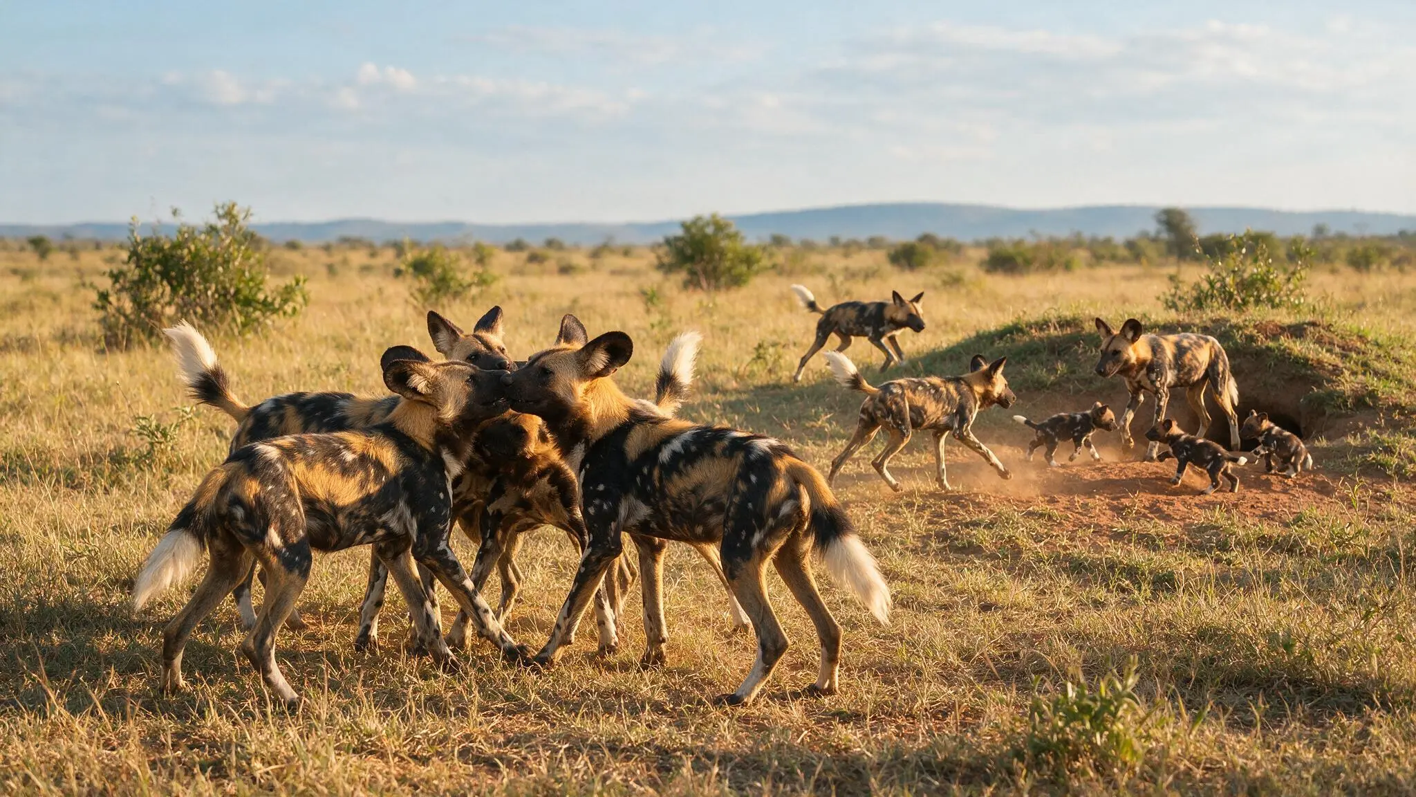 african wild dog pack greeting near a den while adults protect and provide food for young puppies