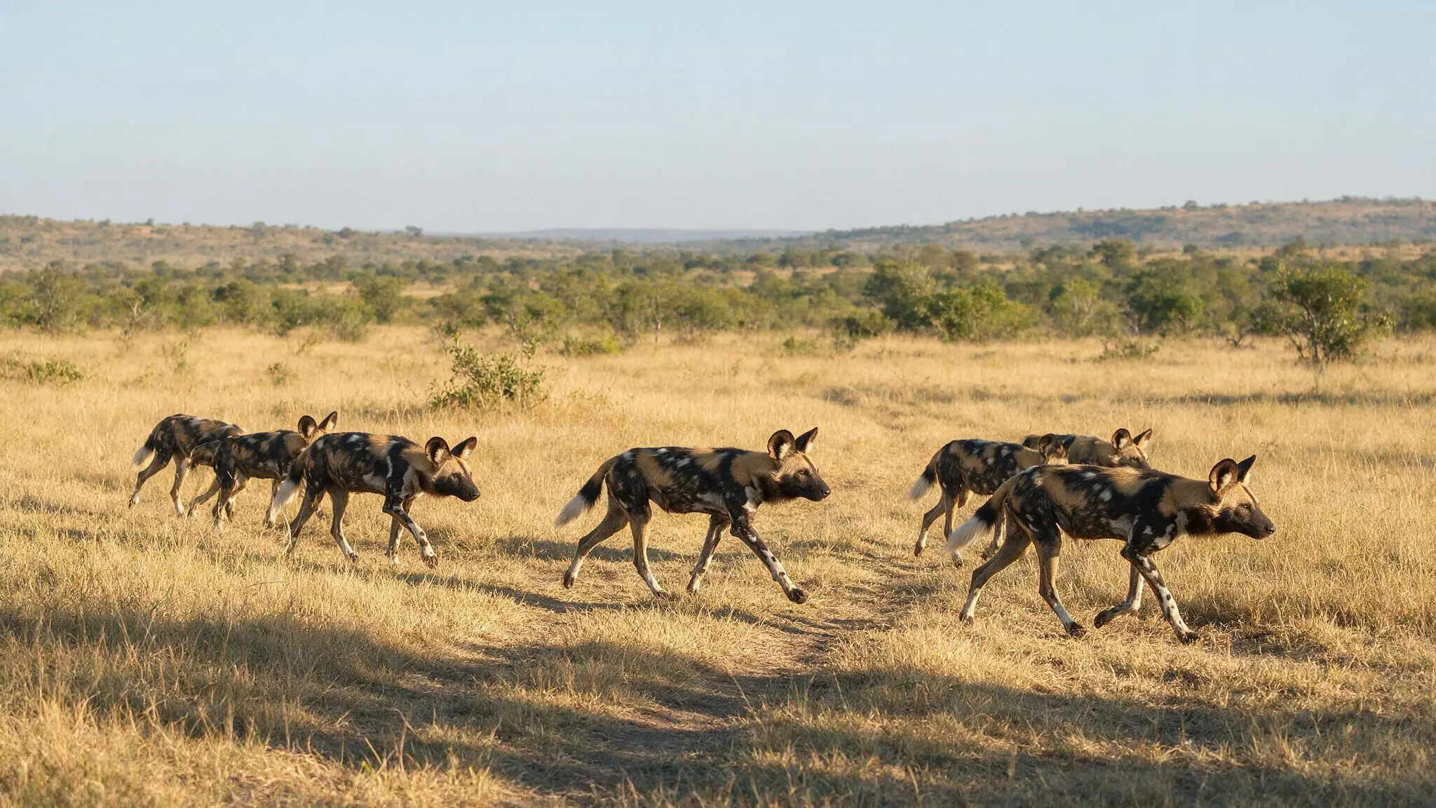 african wild dog pack moving through open sub-saharan savanna with grassland, shrubs, and woodland