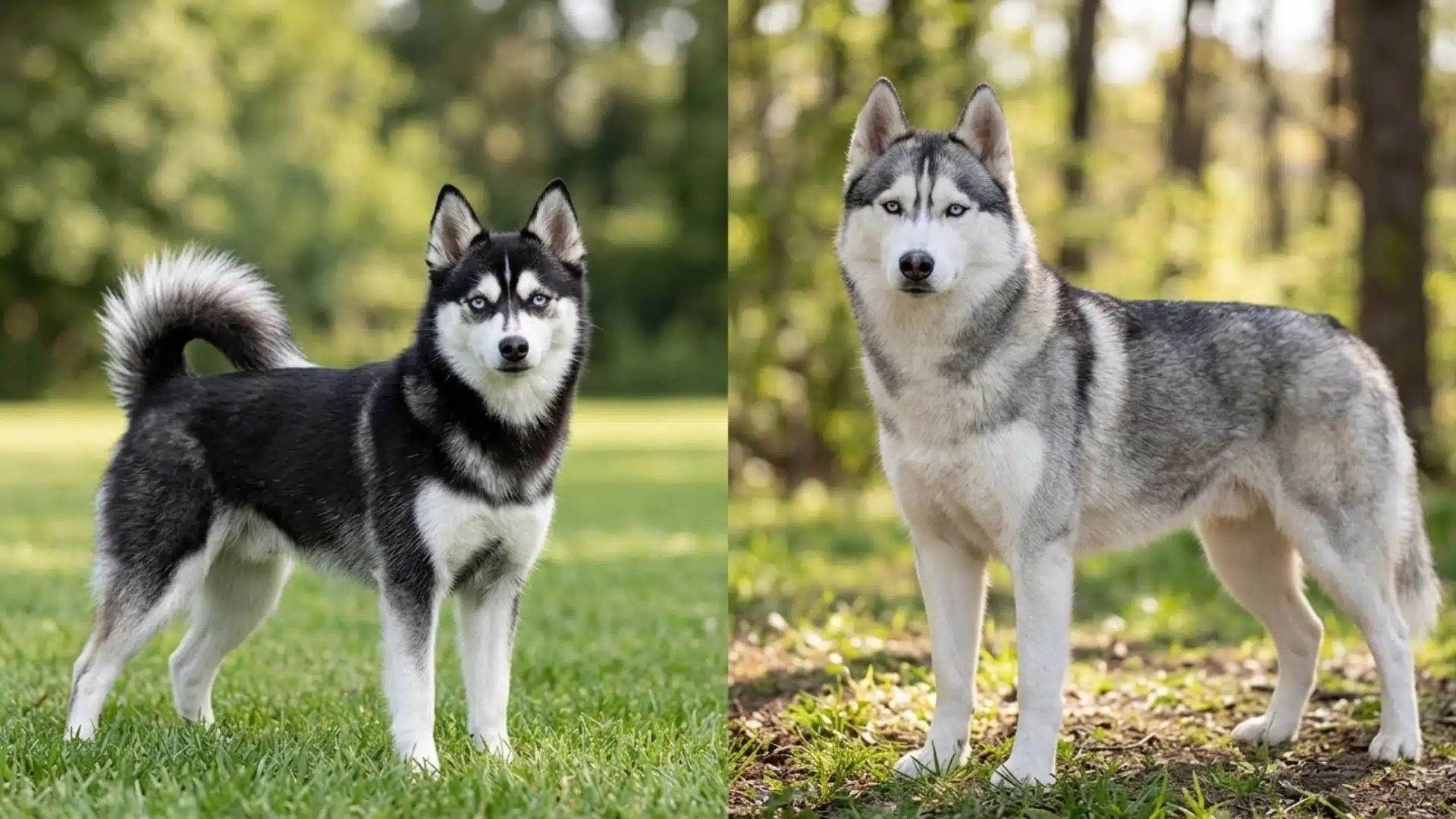 alaskan klee kai beside siberian husky showing size difference and mini husky breed confusion clearly