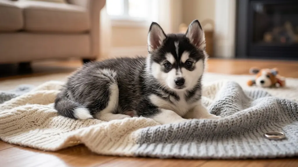 alaskan klee kai mini husky laying on a blanket showing husky-like features, thick coat, pointed ears, and small size