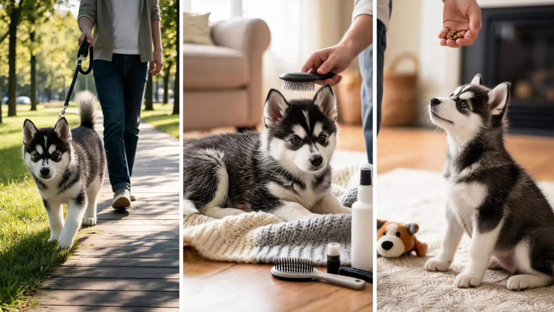 alaskan klee kai mini husky receiving exercise grooming and training care in daily routine