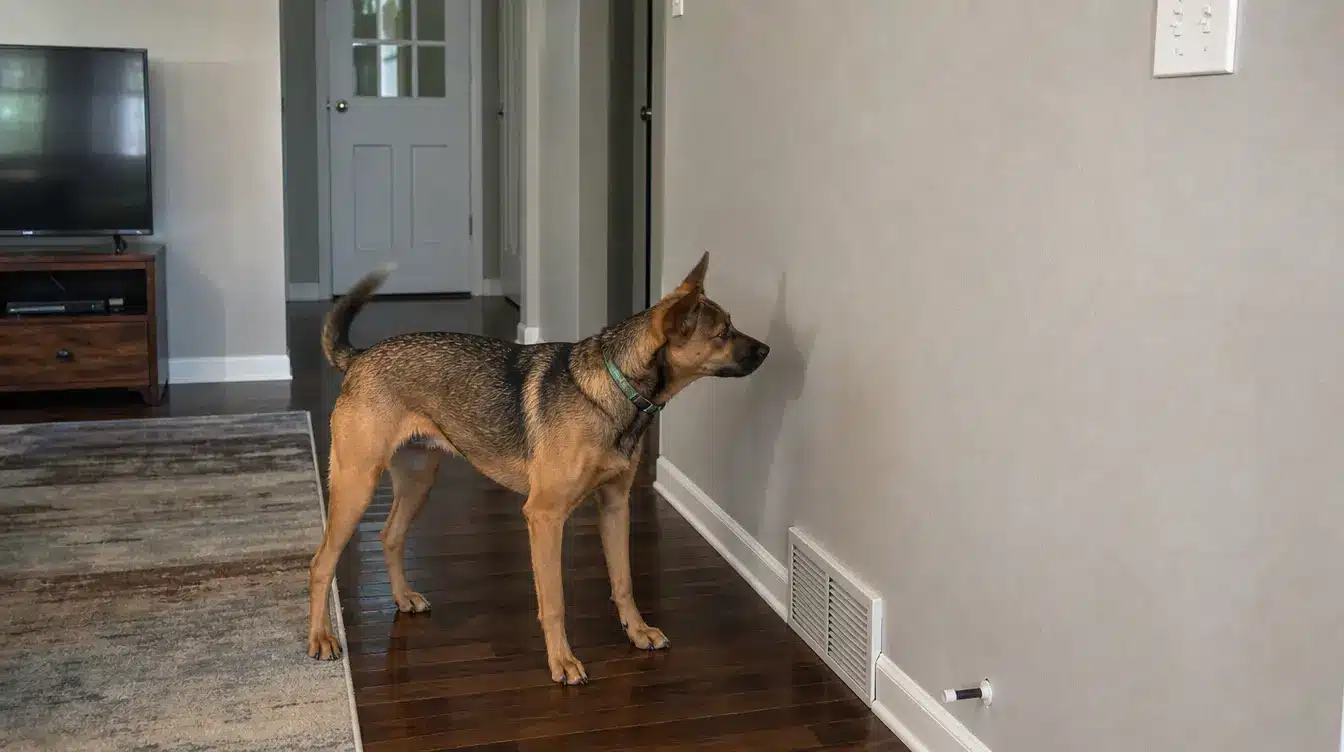 alert dog barking at nothing while listening toward an empty wall inside a quiet family home
