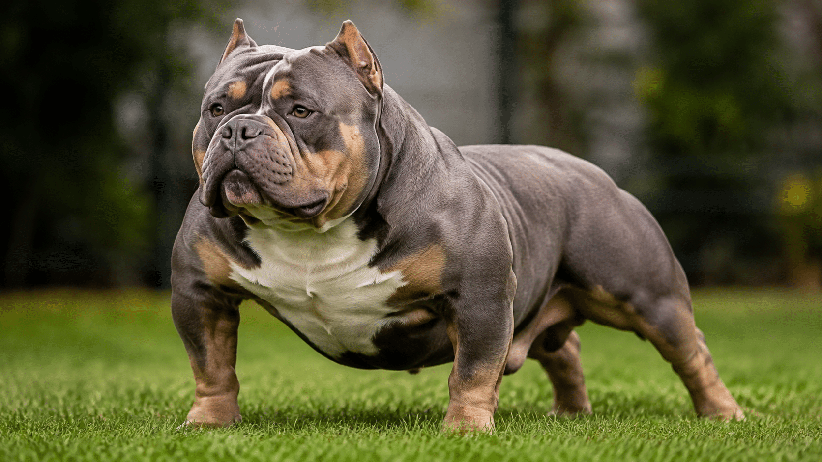 american bully dog standing on grass outdoors