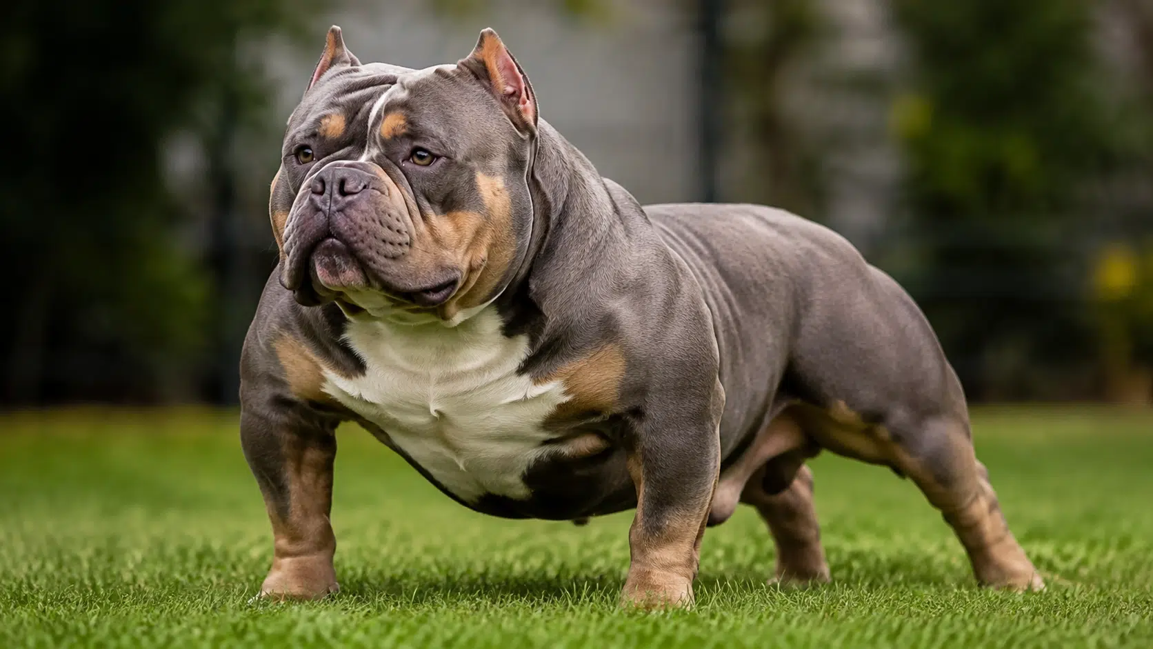 american bully dog standing on grass outdoors