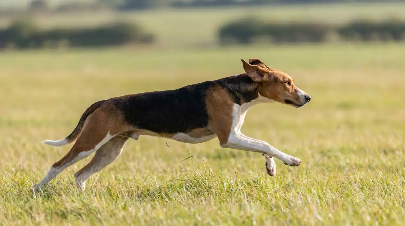 american foxhound running across meadow showing lean body long legs and endurance build