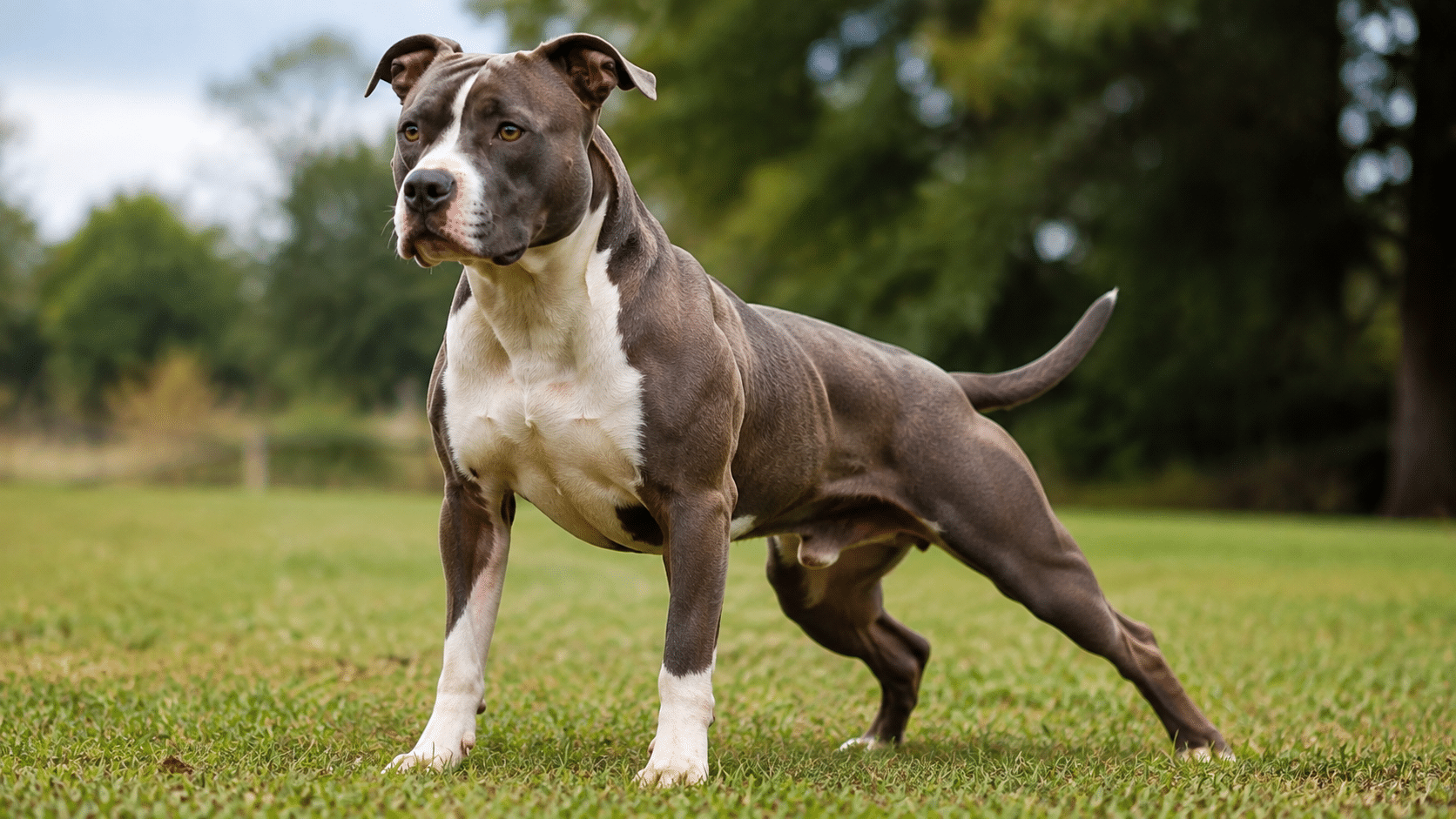 american pit bull terrier standing outdoors on green grass