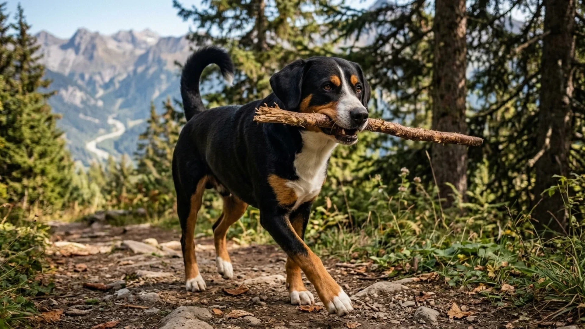 appenzeller sennenhund carrying a stick on forest trail with mountains and trees in background