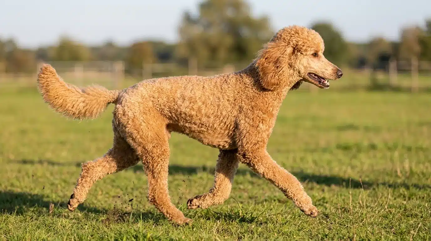 apricot color standard poodle in a short sporting trim running beside a quiet grassy field