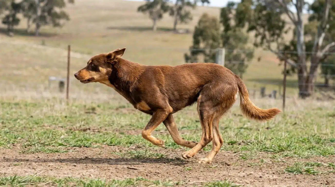 australian kelpie running outdoors showing lean muscular body and pointed ears