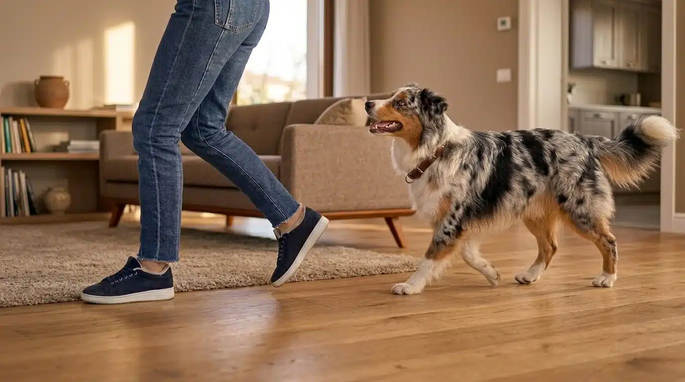 australian shepherd calmly follows its owner through a bright living room with relaxed body language