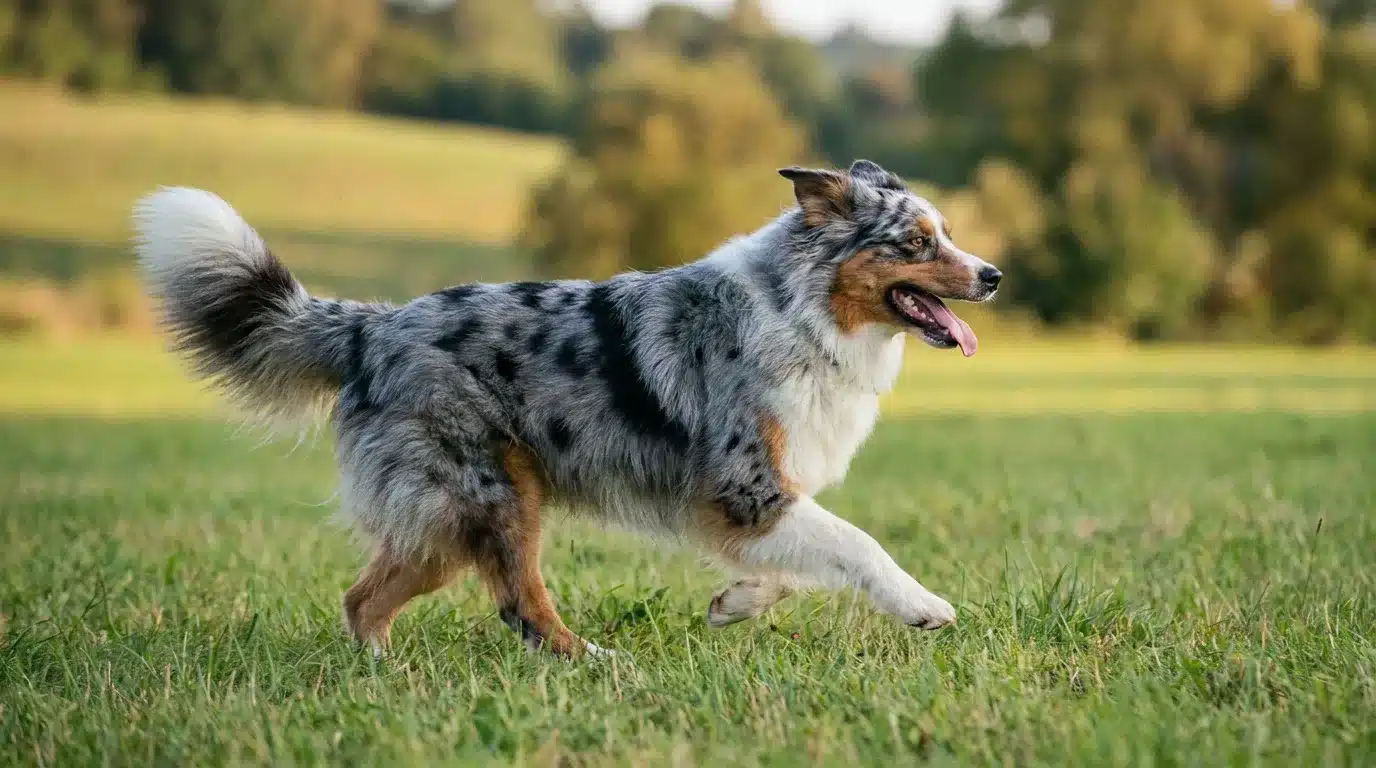 australian shepherd running in field showing thick coat agile body and strong legs