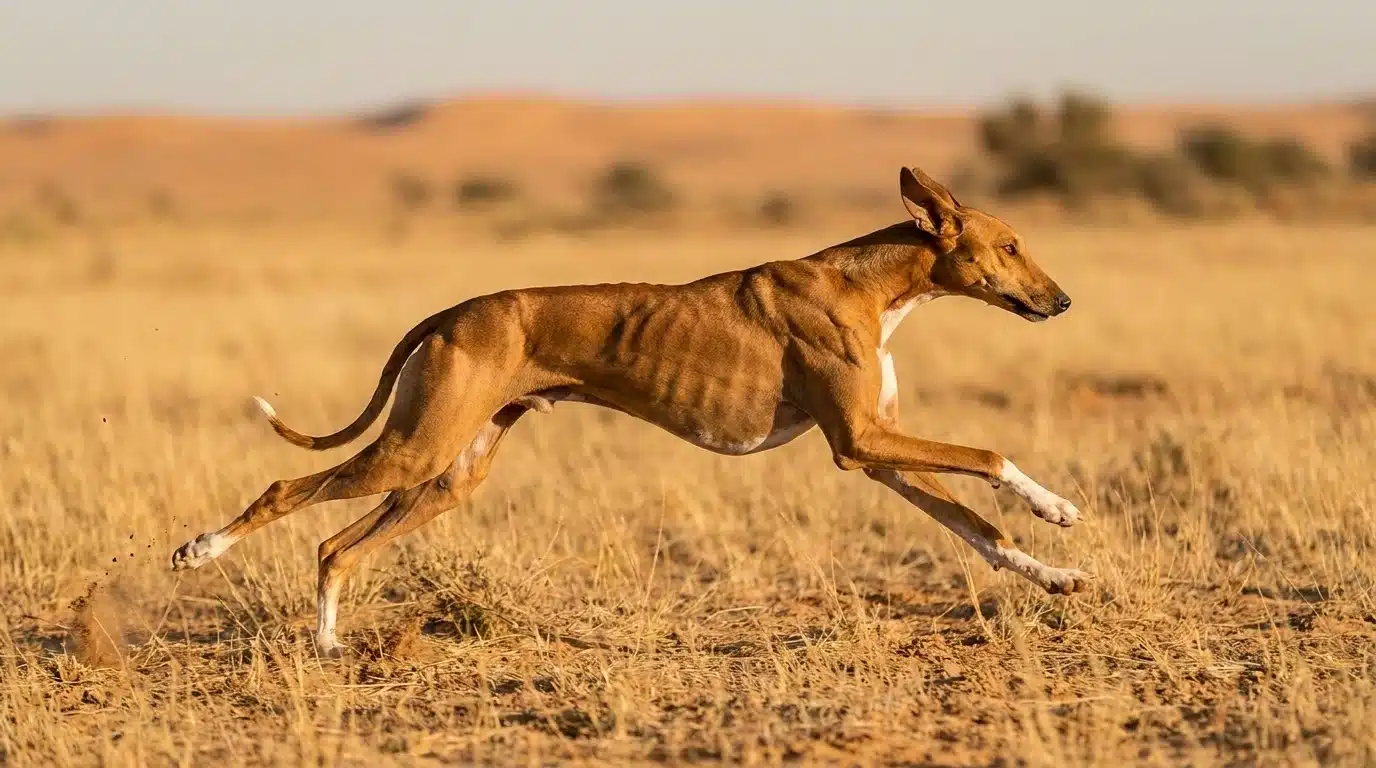 azawakh dog sprinting outdoors showing lean body tall legs and sighthound structure