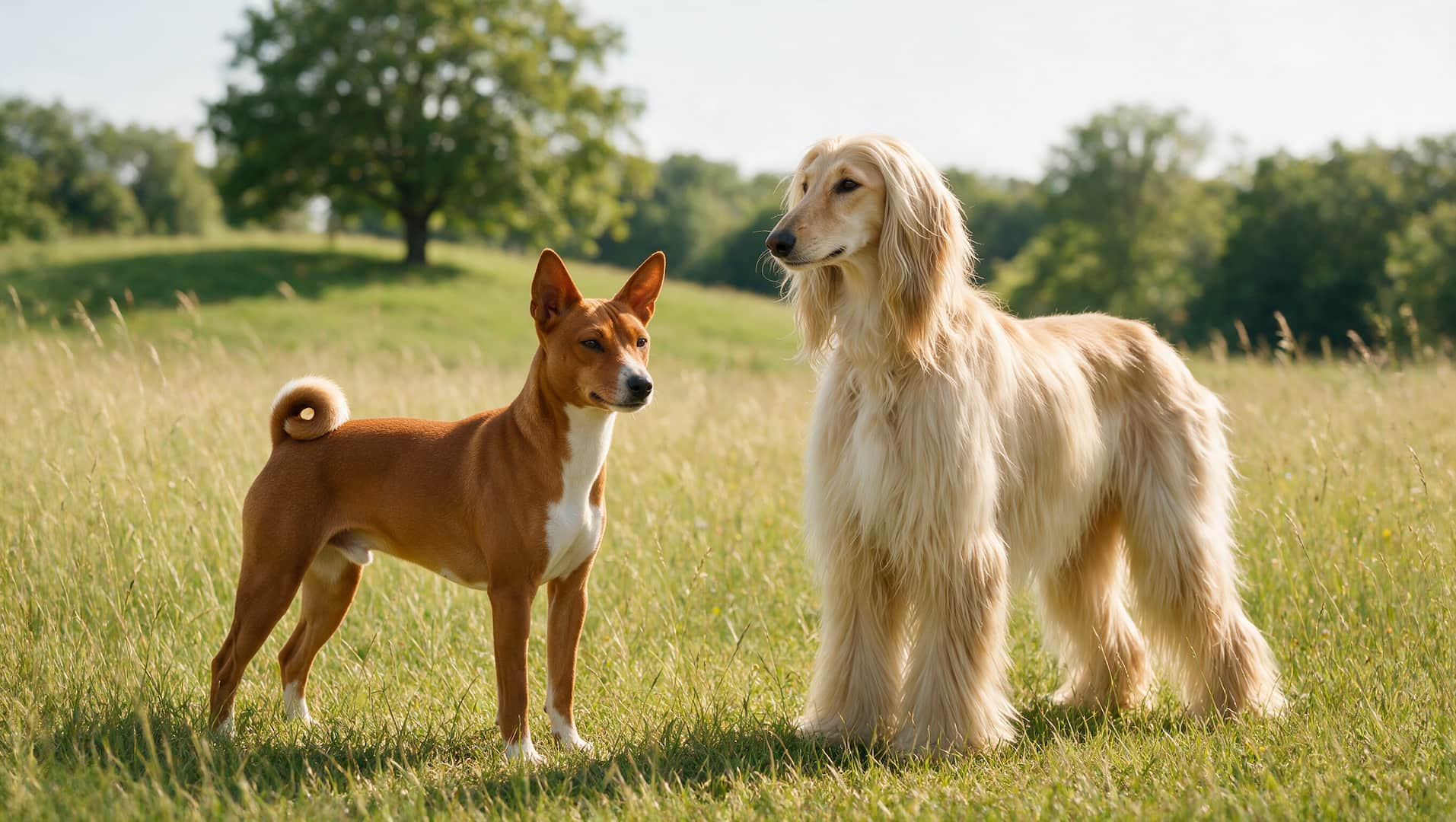 Basenji and Afghan Hound dogs representing different independent dog breeds outdoors