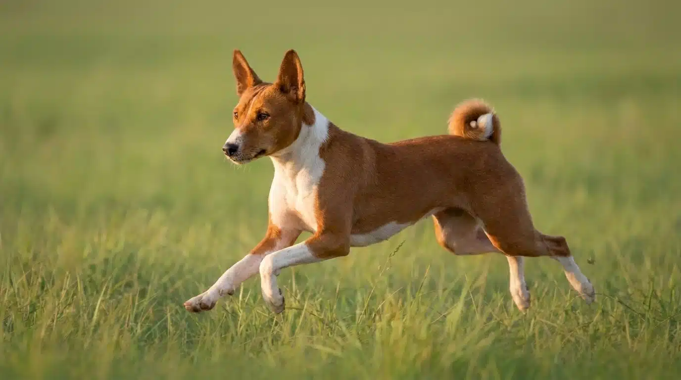 basenji dog running through grass showing curled tail pointed ears and athletic body