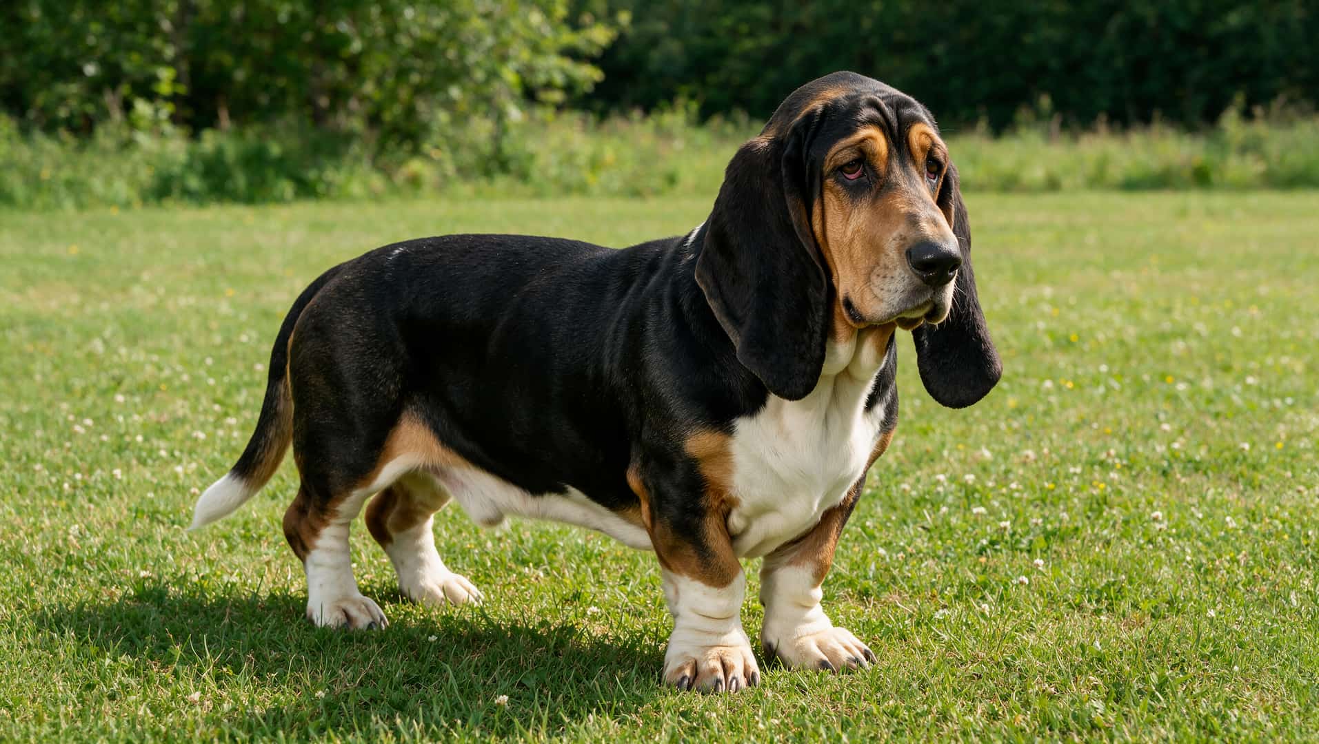 Basset Hound with short legs and long floppy ears outdoors