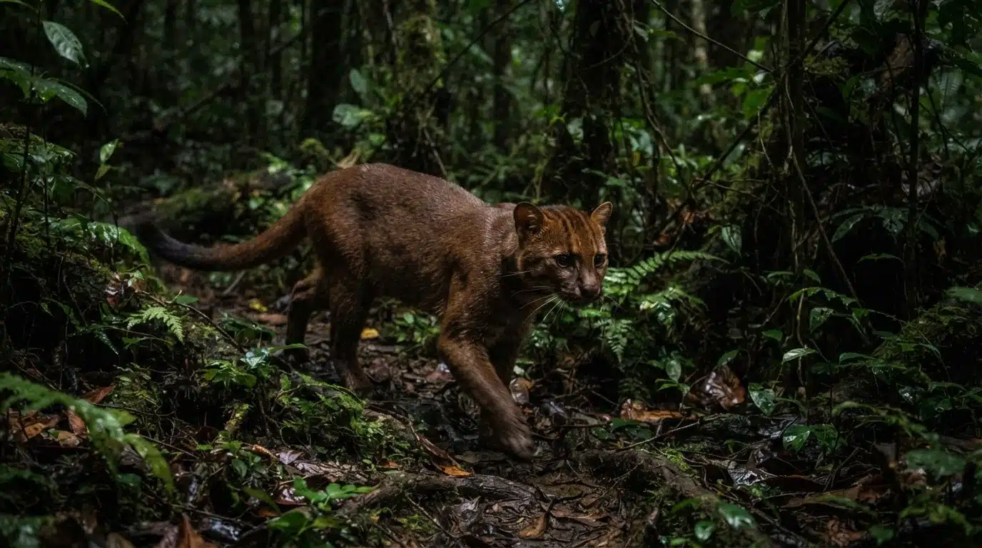 bay cat moving through borneo rainforest with realistic rare wild appearance