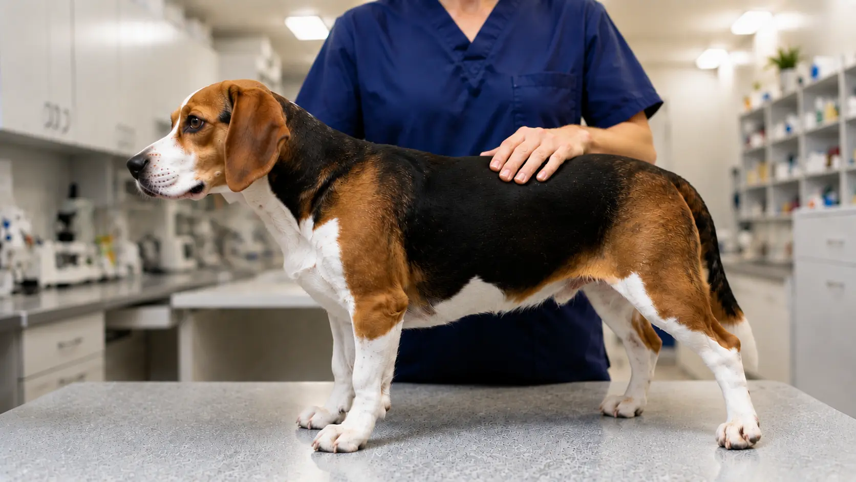 beagle dog standing on veterinary exam table during clinic health check