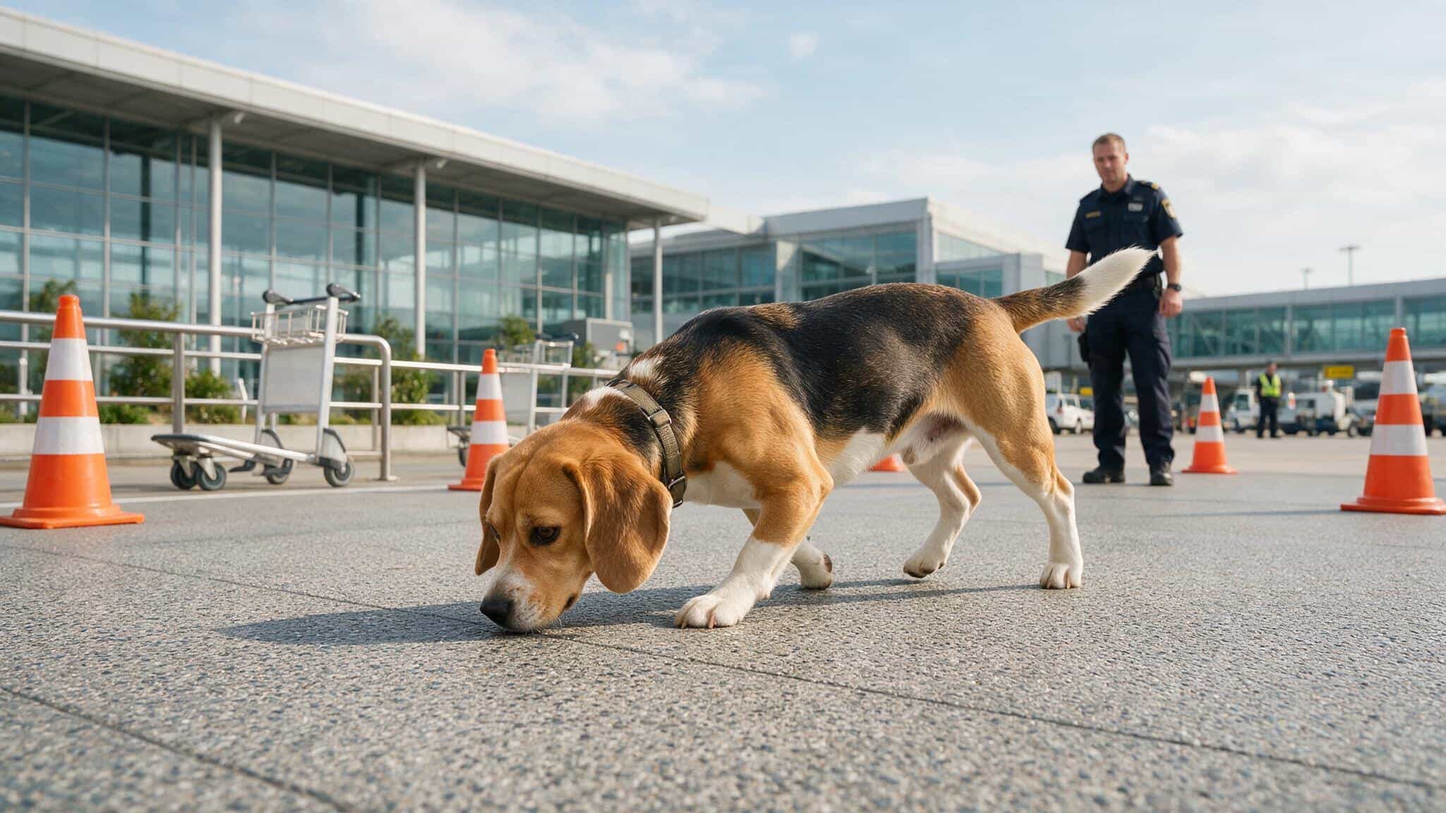 beagle police detection dog using scent skills during inspection training with handler nearby